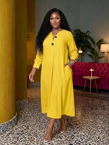 Veslaya New Plus Size Versatile All-Match Solid Color Pocket Casual Dress,Flowy Dress,Sun Dresses For Women Fall - Yellow - View 1