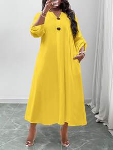 Veslaya New Plus Size Versatile All-Match Solid Color Pocket Casual Dress,Flowy Dress,Sun Dresses For Women Fall - Yellow - View 4