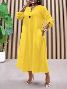 Veslaya New Plus Size Versatile All-Match Solid Color Pocket Casual Dress,Flowy Dress,Sun Dresses For Women Fall - Yellow - View 3