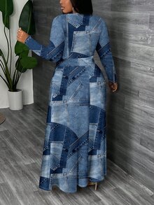 Veslaya Gaun Ukuran Besar Kasual & Sederhana dengan Motif Efek Denim di Seluruh Permukaan, Gaun Chic Musim Gugur/Musim Dingin - MultiWarna - View 5