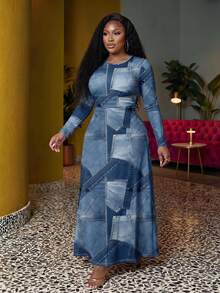 Veslaya Gaun Ukuran Besar Kasual & Sederhana dengan Motif Efek Denim di Seluruh Permukaan, Gaun Chic Musim Gugur/Musim Dingin - MultiWarna - View 1
