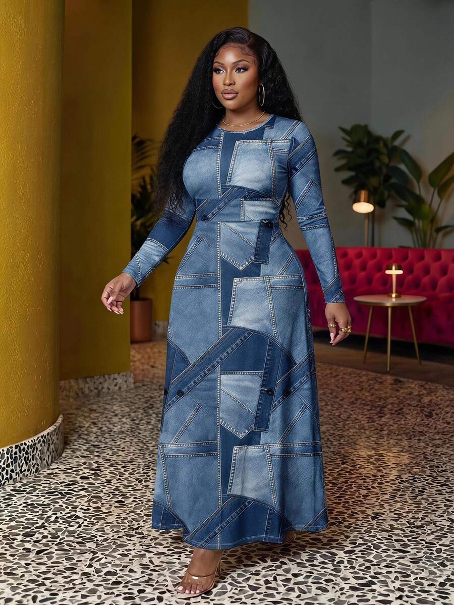 Veslaya Gaun Ukuran Besar Kasual & Sederhana dengan Motif Efek Denim di Seluruh Permukaan, Gaun Chic Musim Gugur/Musim Dingin - MultiWarna - View 1