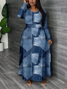 Veslaya Gaun Ukuran Besar Kasual & Sederhana dengan Motif Efek Denim di Seluruh Permukaan, Gaun Chic Musim Gugur/Musim Dingin - MultiWarna - View 4