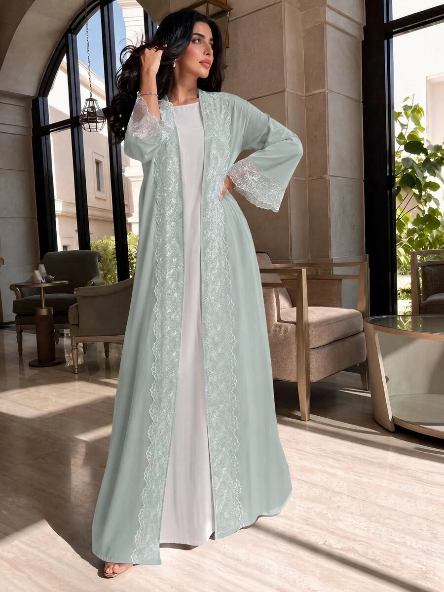 Yasmyna Women's Lace Trim Casual Loose Elegant Fashion 2 Pieces Robe Set - Mint Green - View 1