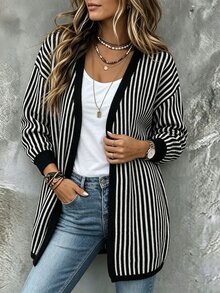 SHEIN Casual V-Neck Long Sleeve Vertical Striped Top Black & White Cardigan, New Year, Halloween,Thanksgiving Outfit For Women,Fall Winter 2026,Night Out - Black and White - View 4