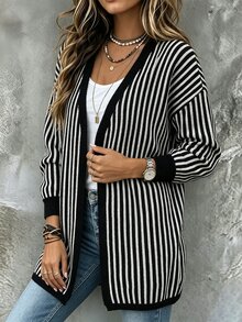 SHEIN Casual V-Neck Long Sleeve Vertical Striped Top Black & White Cardigan, New Year, Halloween,Thanksgiving Outfit For Women,Fall Winter 2026,Night Out - Black and White - View 5
