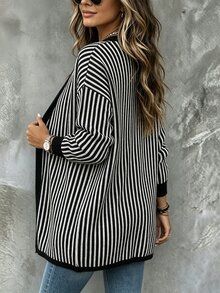 SHEIN Casual V-Neck Long Sleeve Vertical Striped Top Black & White Cardigan, New Year, Halloween,Thanksgiving Outfit For Women,Fall Winter 2026,Night Out - Black and White - View 3