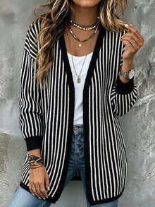 SHEIN Casual V-Neck Long Sleeve Vertical Striped Top Black & White Cardigan, New Year, Halloween,Thanksgiving Outfit For Women,Fall Winter 2026,Night Out - Black and White - View 2