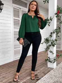 Reflora Plus Keyhole Neckline Lantern Sleeve Green Blouse Fall - Green - View 5