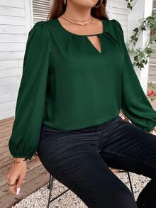 Reflora Plus Keyhole Neckline Lantern Sleeve Green Blouse Fall - Green - View 3