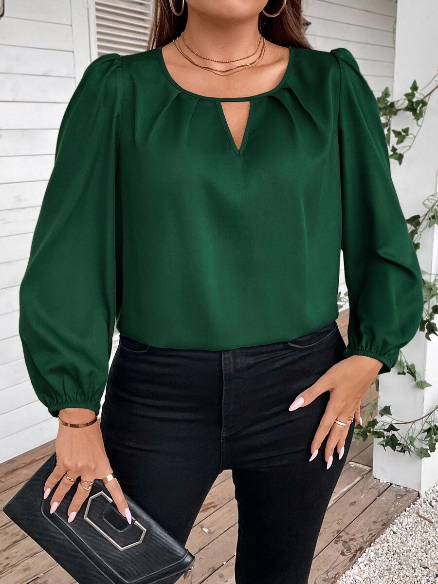 Reflora Plus Keyhole Neckline Lantern Sleeve Green Blouse Fall - Green - View 1