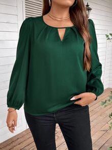 Reflora Plus Keyhole Neckline Lantern Sleeve Green Blouse Fall - Green - View 6