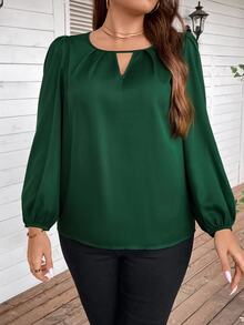 Reflora Plus Keyhole Neckline Lantern Sleeve Green Blouse Fall - Green - View 4