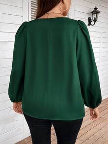 Reflora Plus Keyhole Neckline Lantern Sleeve Green Blouse Fall - Green - View 2