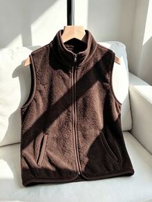 Flirla Women's Brown Lamb Fleece High Neck Sleeveless Pocket Vest Jacket, Fashionable Retro Style For Autumn/Winter - Brown - View 1