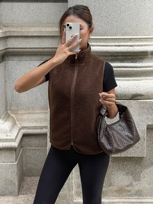 Flirla Women's Brown Lamb Fleece High Neck Sleeveless Pocket Vest Jacket, Fashionable Retro Style For Autumn/Winter - Brown - View 5