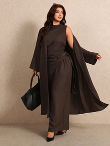 Elaquor Plus Size Women Solid Color Long Sleeve Outerwear Asymmetrical Hem Sleeveless Shirt And Wide Leg Pants Set, Fall/Winter, Thanksgiving, New Year - Mocha Brown - View 1