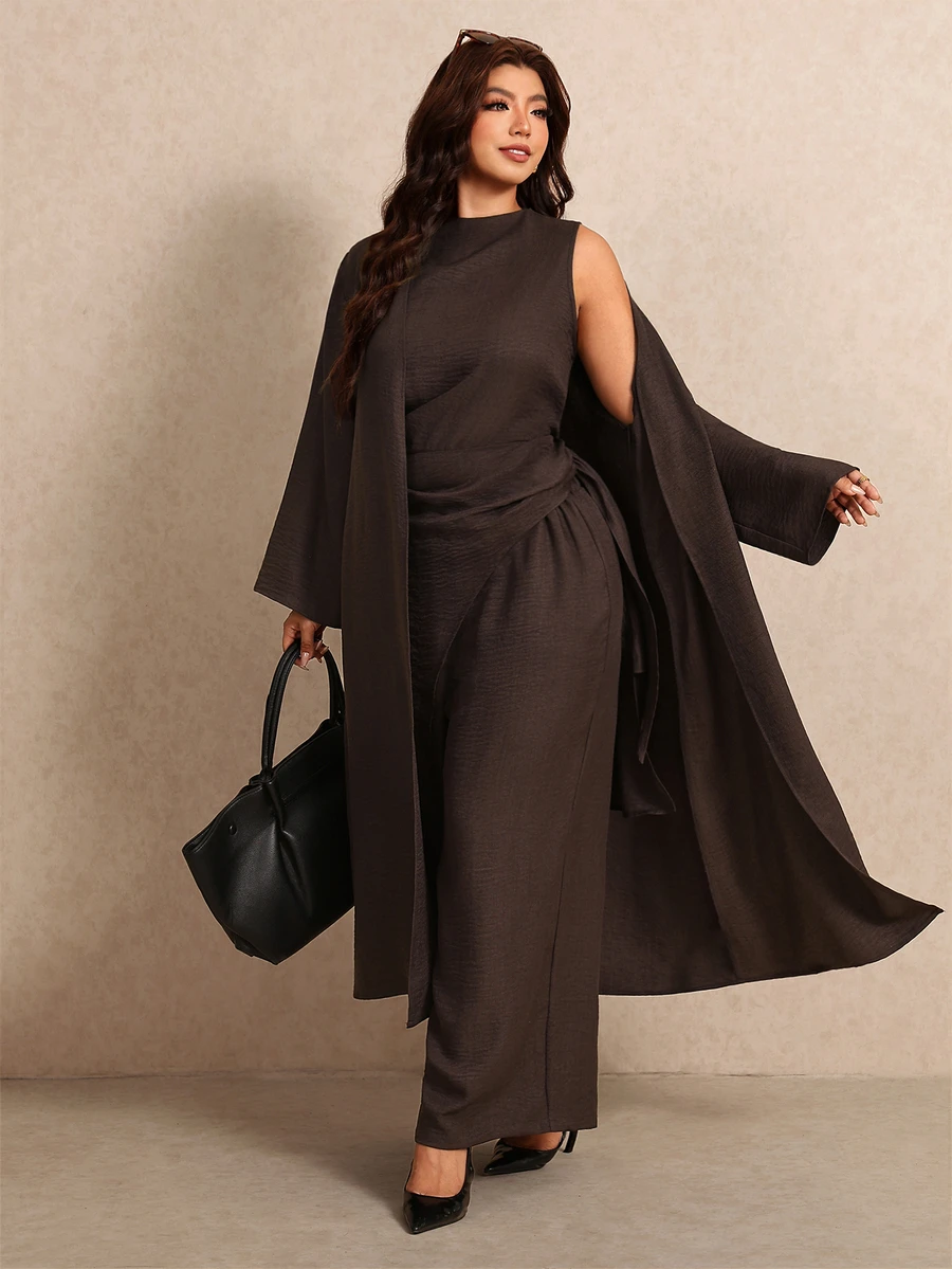 Elaquor Plus Size Women Solid Color Long Sleeve Outerwear Asymmetrical Hem Sleeveless Shirt And Wide Leg Pants Set, Fall/Winter, Thanksgiving, New Year - Mocha Brown - View 1