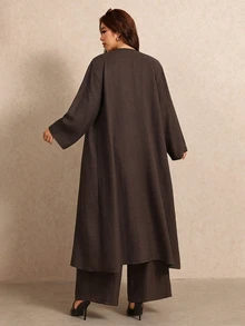 Elaquor Plus Size Women Solid Color Long Sleeve Outerwear Asymmetrical Hem Sleeveless Shirt And Wide Leg Pants Set, Fall/Winter, Thanksgiving, New Year - Mocha Brown - View 2