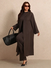 Elaquor Plus Size Women Solid Color Long Sleeve Outerwear Asymmetrical Hem Sleeveless Shirt And Wide Leg Pants Set, Fall/Winter, Thanksgiving, New Year - Mocha Brown - View 3