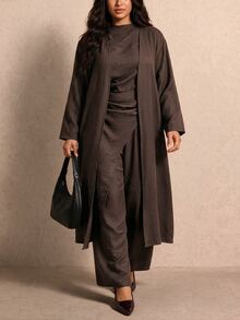 Elaquor Plus Size Women Solid Color Long Sleeve Outerwear Asymmetrical Hem Sleeveless Shirt And Wide Leg Pants Set, Fall/Winter, Thanksgiving, New Year - Mocha Brown - View 8