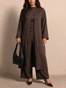 Elaquor Plus Size Women Solid Color Long Sleeve Outerwear Asymmetrical Hem Sleeveless Shirt And Wide Leg Pants Set, Fall/Winter, Thanksgiving, New Year - Mocha Brown - View 9