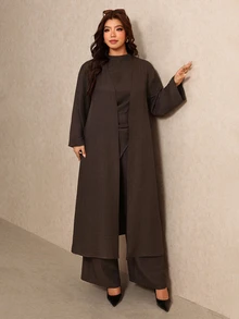 Elaquor Plus Size Women Solid Color Long Sleeve Outerwear Asymmetrical Hem Sleeveless Shirt And Wide Leg Pants Set, Fall/Winter, Thanksgiving, New Year - Mocha Brown - View 5