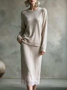 Omancia Spring/Autumn French Gentle Style Knitted 2-Piece Set, Round Neck Dropped Shoulder Long Sleeve Front Short Back Long Split Top + High Waist Mid-Length Lace Hem Skirt, Daily Commute Date Light Business Layering Versatile Elegant Style Women's Sweater Set - Apricot - View 4