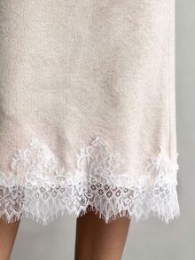 Omancia Spring/Autumn French Gentle Style Knitted 2-Piece Set, Round Neck Dropped Shoulder Long Sleeve Front Short Back Long Split Top + High Waist Mid-Length Lace Hem Skirt, Daily Commute Date Light Business Layering Versatile Elegant Style Women's Sweater Set - Apricot - View 7