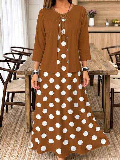 Weeklong Plus Size Women's Casual Blue Tie-Front Solid Cardigan & Polka Dot Print Maxi Dress Two Pieces Set,Fall Winter Women Fashion Outfits