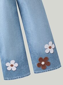 SHEIN Genkimix Kids 青少年女孩 2 件組秋季套裝，棕色條紋 V 領蕾絲飾邊長袖上衣搭配藍色寬腿花卉長褲，兒童休閒復古服飾套裝 - 棕色 - 查看 9