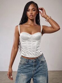 Eshe Glo Women's Summer Fashion Elegant Disco Sexy Solid Color Top, Festival Outfits, Going Out Club Party Tops, Rave Outfit, White Satin Corset, Vacation - White - View 7