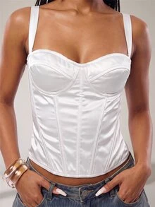 Eshe Glo Women's Summer Fashion Elegant Disco Sexy Solid Color Top, Festival Outfits, Going Out Club Party Tops, Rave Outfit, White Satin Corset, Vacation - White - View 4