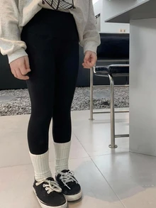 Dazy Kids 女童純色高腰休閒修身緊身褲 - 黑色 - 查看 7