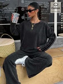 Muchica 女款秋冬時尚簡約條紋拼接長袖針織套頭衫與寬腿褲套裝，水洗棉質 - 黑色 - 查看 1
