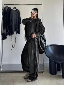 Muchica 女款秋冬時尚簡約條紋拼接長袖針織套頭衫與寬腿褲套裝，水洗棉質 - 黑色 - 查看 4