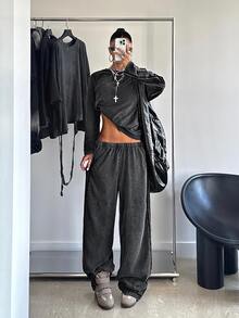 Muchica 女款秋冬時尚簡約條紋拼接長袖針織套頭衫與寬腿褲套裝，水洗棉質 - 黑色 - 查看 6