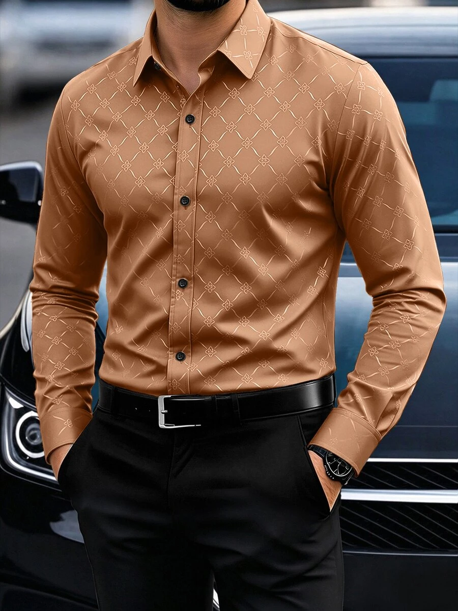 Calvornis Men's Button Down Long Sleeve Slim Fit Business Formal Dress T-Shirt, Long Sleeve Brown Shirt, Fall, Ceremony - Coffee Brown - View 1