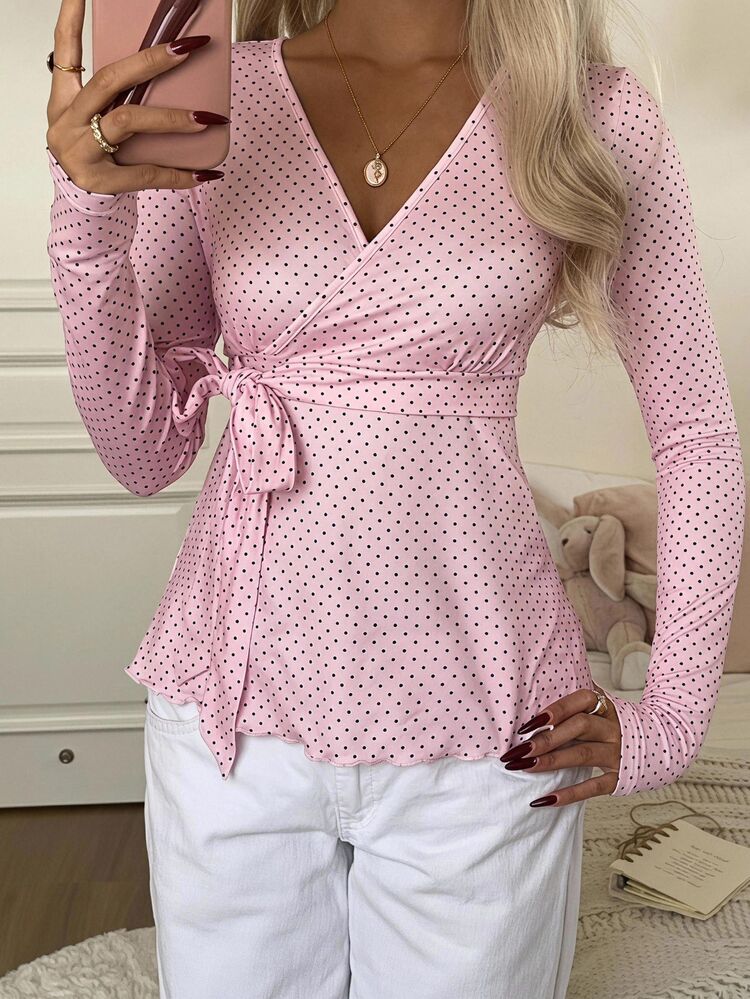 CovetEZ Women's Pink And Black Polka Dot And Print Side Tie Long Sleeve T-Shirt Brunch Autumn Romantic Cute Casual Vintage - Pink - View 6