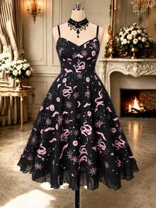 Rometta Plus Size Women's All-Over Print Casual Goth 80s Daily Summer Spaghetti Strap Dress Halloween Party Night Black - Pink - View 1