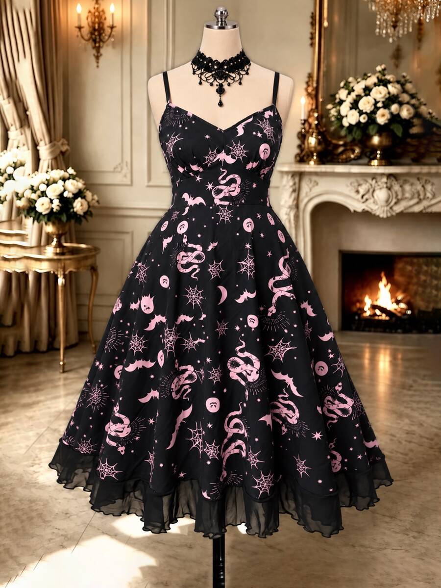 Rometta Plus Size Women's All-Over Print Casual Goth 80s Daily Summer Spaghetti Strap Dress Halloween Party Night Black - Pink - View 1