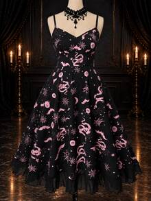 Rometta Plus Size Women's All-Over Print Casual Goth 80s Daily Summer Spaghetti Strap Dress Halloween Party Night Black - Pink - View 4