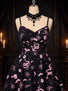 Rometta Plus Size Women's All-Over Print Casual Goth 80s Daily Summer Spaghetti Strap Dress Halloween Party Night Black - Pink - View 3