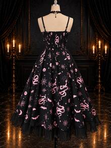Rometta Plus Size Women's All-Over Print Casual Goth 80s Daily Summer Spaghetti Strap Dress Halloween Party Night Black - Pink - View 2