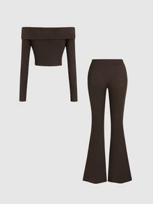Sweetra Solid Foldover Cold Shoulder Crop Top Flare Leg Pants Set Lounge Dark Brown Autumn Casual - Coffee Brown - View 2