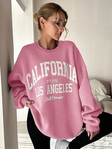 SHEIN Cottnline بلوزة رياضية كاجوال نسائية مقاس كبير من القطن بنمط حروف ولون وردي فاتح موحد بأكتاف منسدلة - وردي فاتح - مشاهدة 5