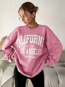 SHEIN Cottnline بلوزة رياضية كاجوال نسائية مقاس كبير من القطن بنمط حروف ولون وردي فاتح موحد بأكتاف منسدلة - وردي فاتح - مشاهدة 7