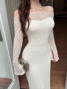 Feyla 女士时尚优雅露肩喇叭袖连衣裙 - 杏色 - 查看 5
