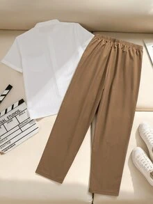 Teenage Boys White Textured Fabric Shirt Set, Summer Matching Contrast Color Pocket Trim Design Cute Streetwear Sixth Form Gift Black - Khaki - View 3