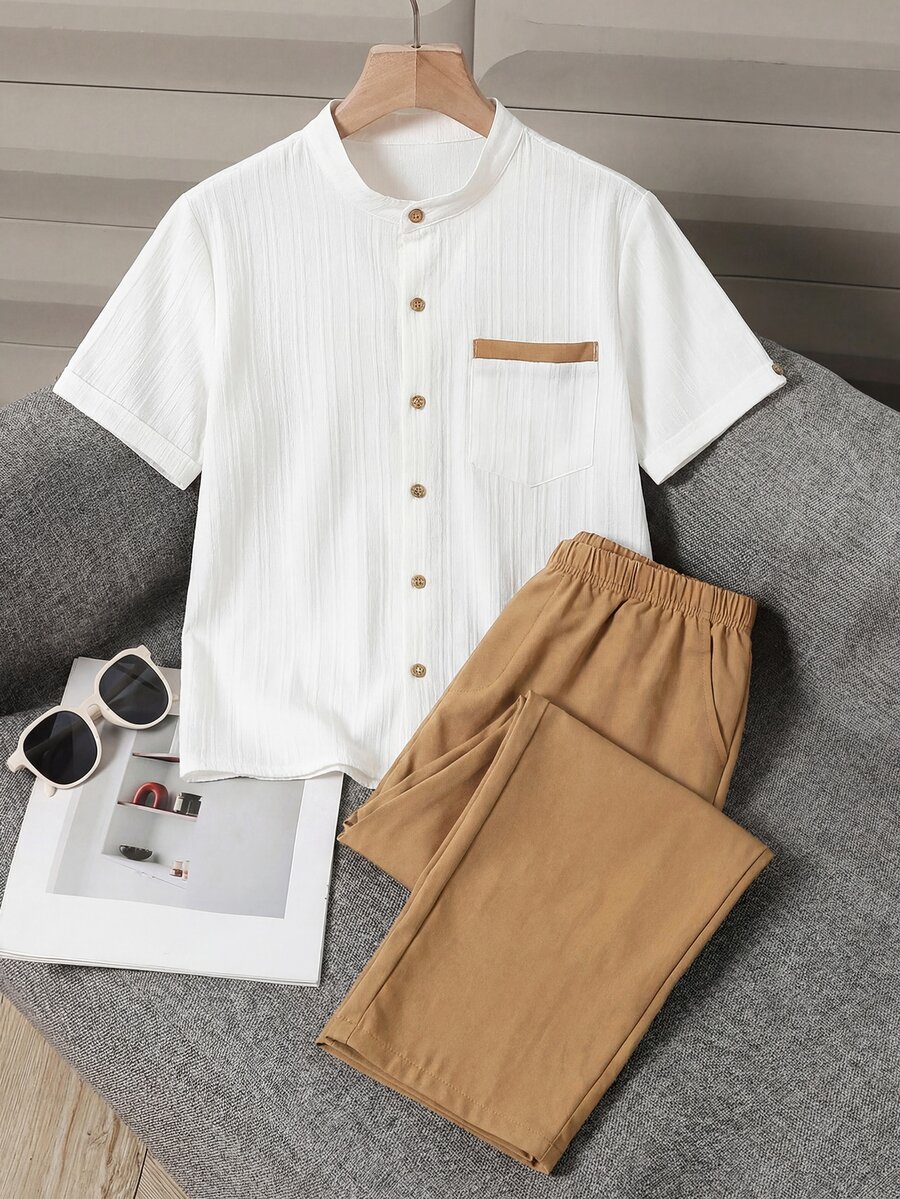 Teenage Boys White Textured Fabric Shirt Set, Summer Matching Contrast Color Pocket Trim Design Cute Streetwear Sixth Form Gift Black